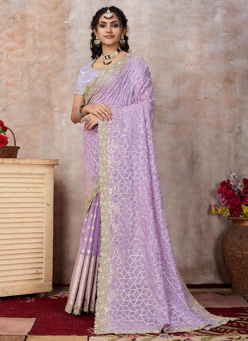 Purple Viscose Chanderi Embroidered Saree Party Wear