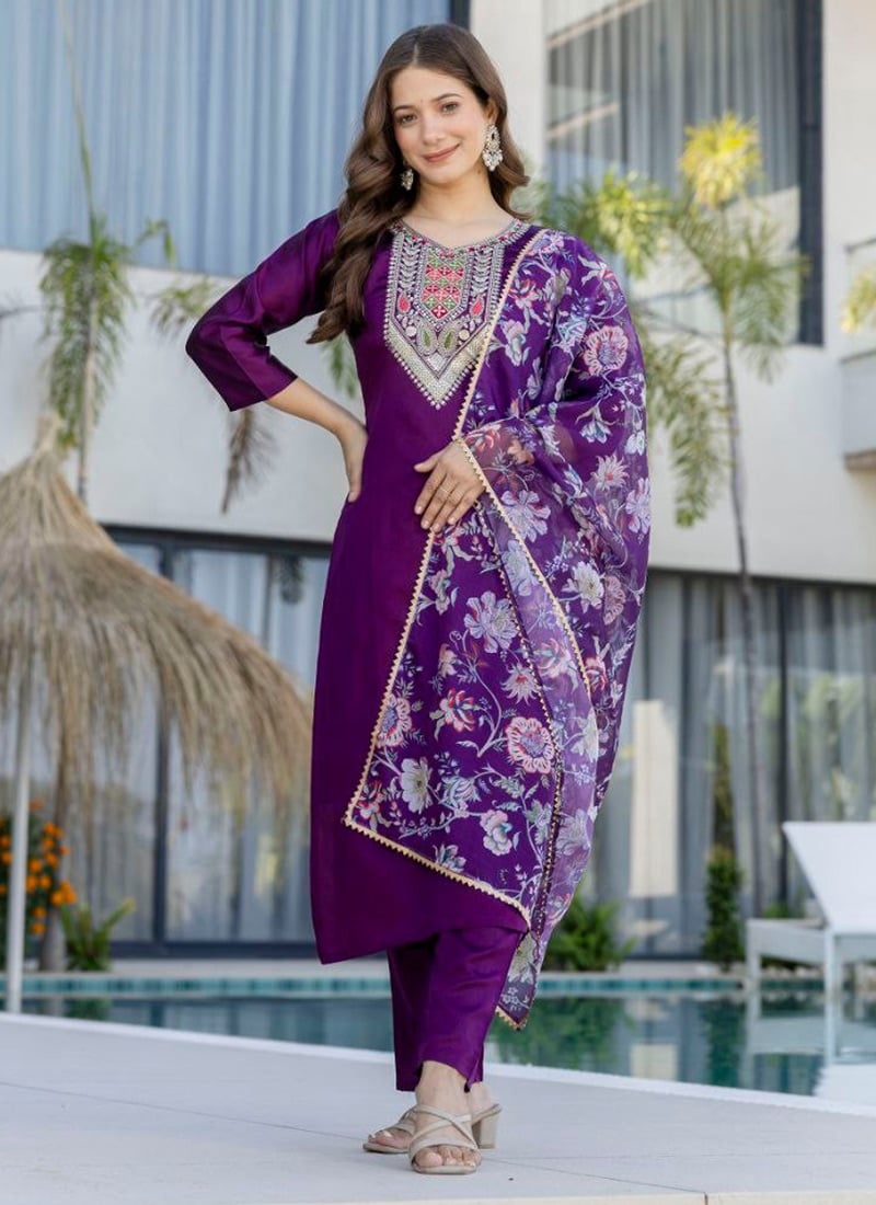 Purple Viscose Chanderi Embroidered Sequin Straight Suit After Six Wear