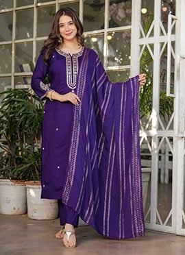 Purple Viscose Chanderi Embroidered Sequins Straight Pant Suit With Jacquard Dupatta