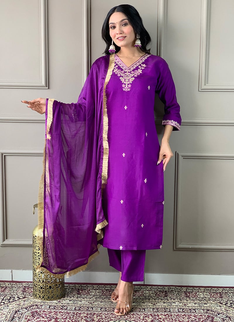 Purple Viscose Chanderi Embroidered Straight Pant Suit Festive Wear