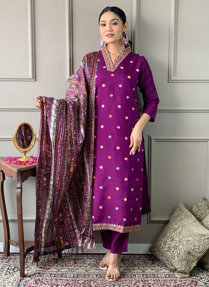 Purple Viscose Chanderi Embroidered Straight Pant Suit After Six Wear