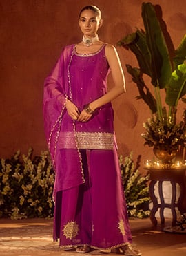 Purple Viscose Chanderi Embroidered Zari Palazzo Suit