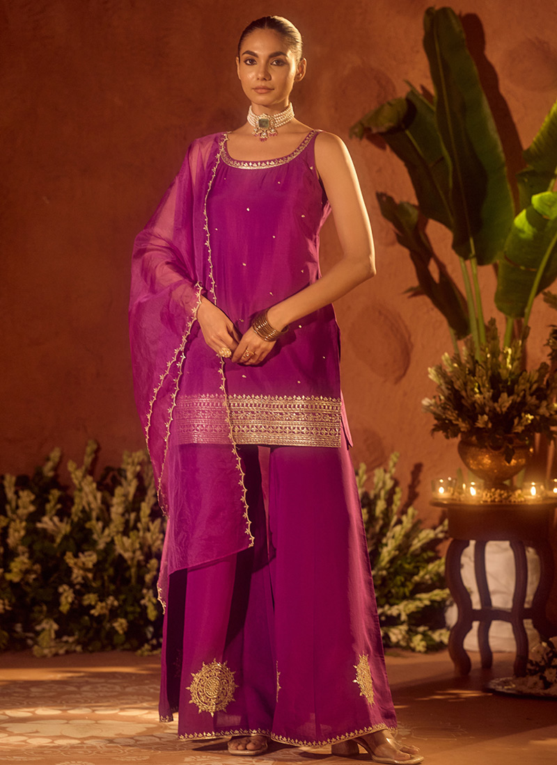 Purple Viscose Chanderi Embroidered Zari Palazzo Suit Festive Wear