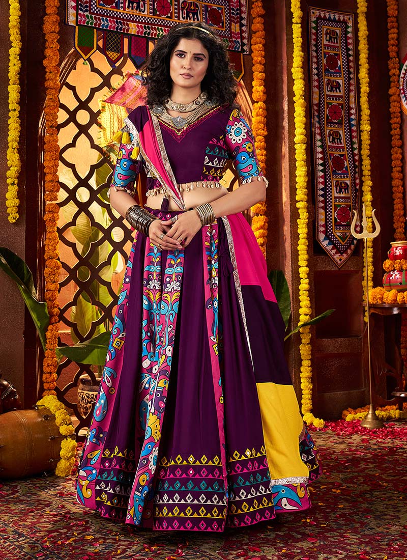 Purple Viscose Cotton Kutch Work And Printed Chaniya Choli