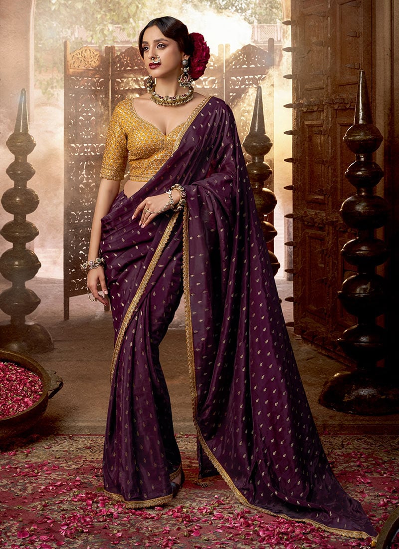 Purple Viscose Crepe Zari Embroidered Sequins Saree After Six Wear