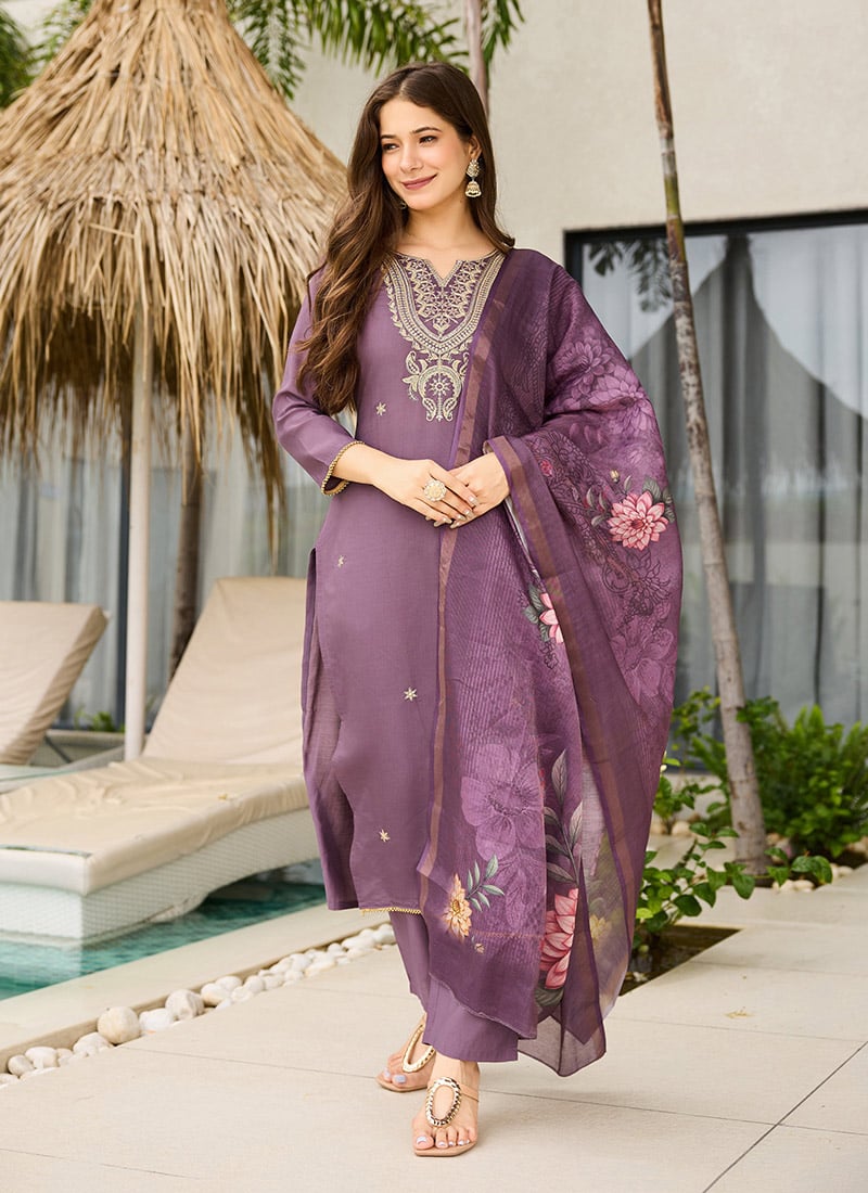 Purple Viscose Embroidered And Printed Straight Pant Suit