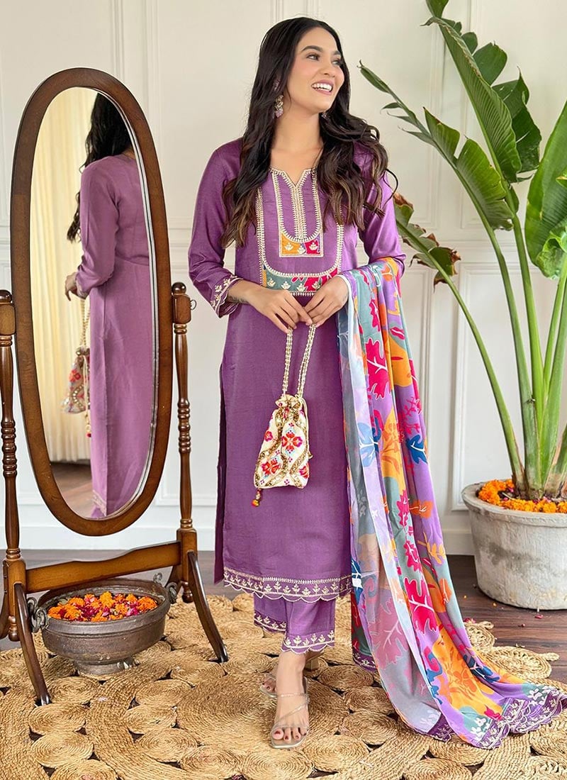 Purple Viscose Embroidered Sequins Straight Pant Suit With Digital Print Dupatta After Six Wear