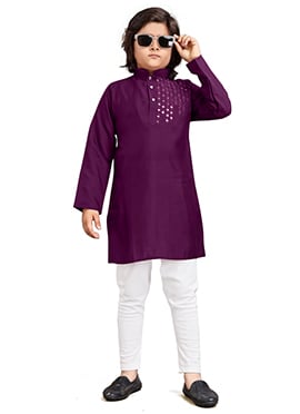 Purple Viscose Embroidered Thread Kids Boys Kurta Pyjama
