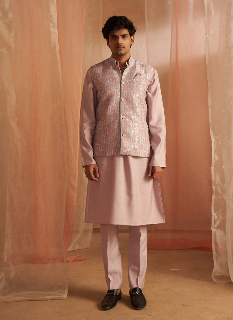 Purple Viscose Embroidered Woven Bandi Set