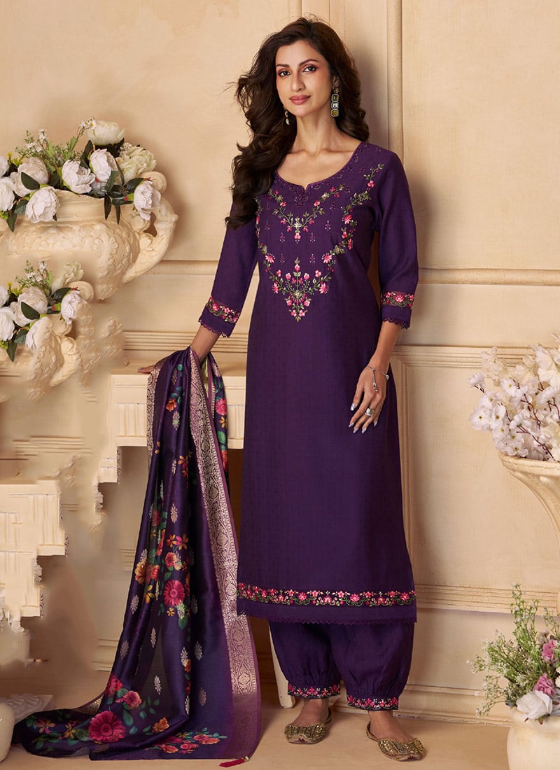 Purple Viscose Hand Work Sequins Afghani Salwar Suit With Digital Print Dupatta Festive Wear