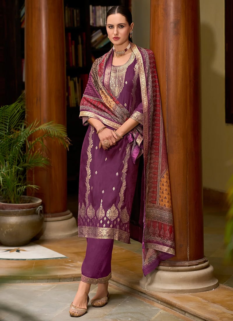 Purple Viscose Jacquard Sequins Straight Pant Suit
