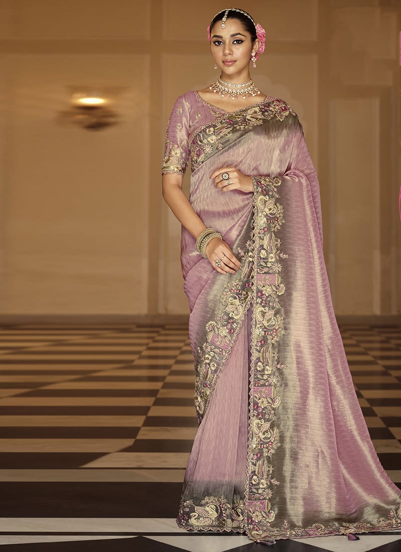 Purple Viscose Jacquard Silk Zari And Sequins Embroidered Saree Festive Wear