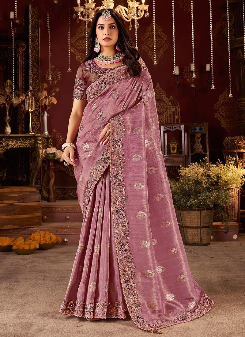 Purple Viscose Jacquard Tissue Zari Embroidered Sequins Beads And Stone Work Saree Wedding Wear