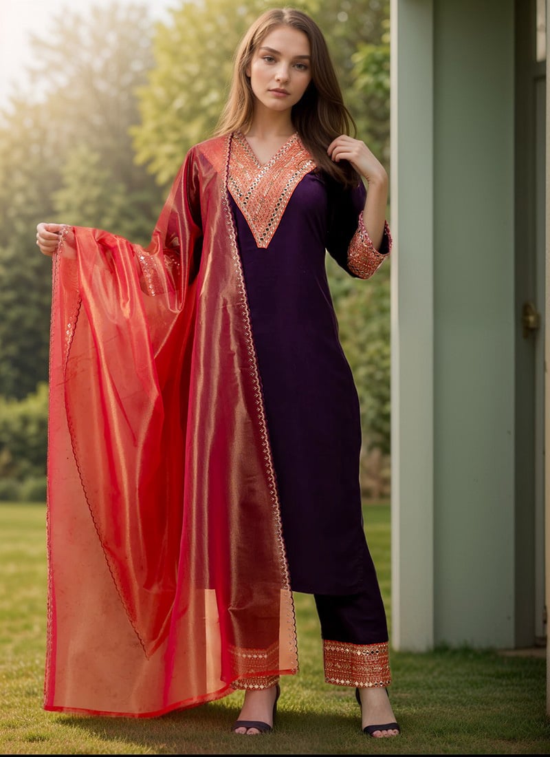 Purple Viscose Rayon Embroidered Sequins Straight Pant Suit After Six Wear