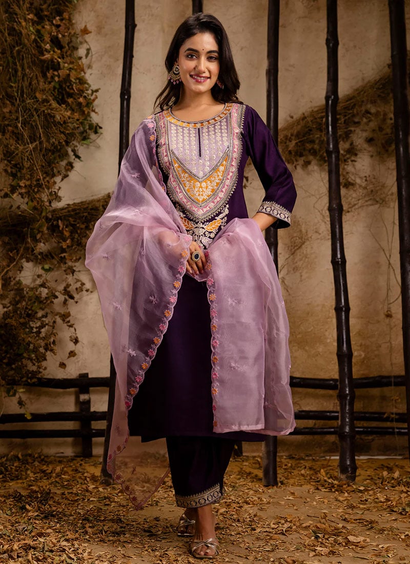 Purple Viscose Rayon Embroidered Sequins Straight Pant Suit After Six Wear