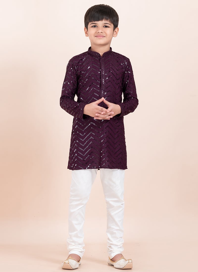 Purple Viscose Rayon Sequins Kids Boys Kurta Pyjama Festive Wear