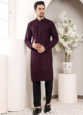 Purple Viscose Silk Embroidered Sequin Kurta For Men