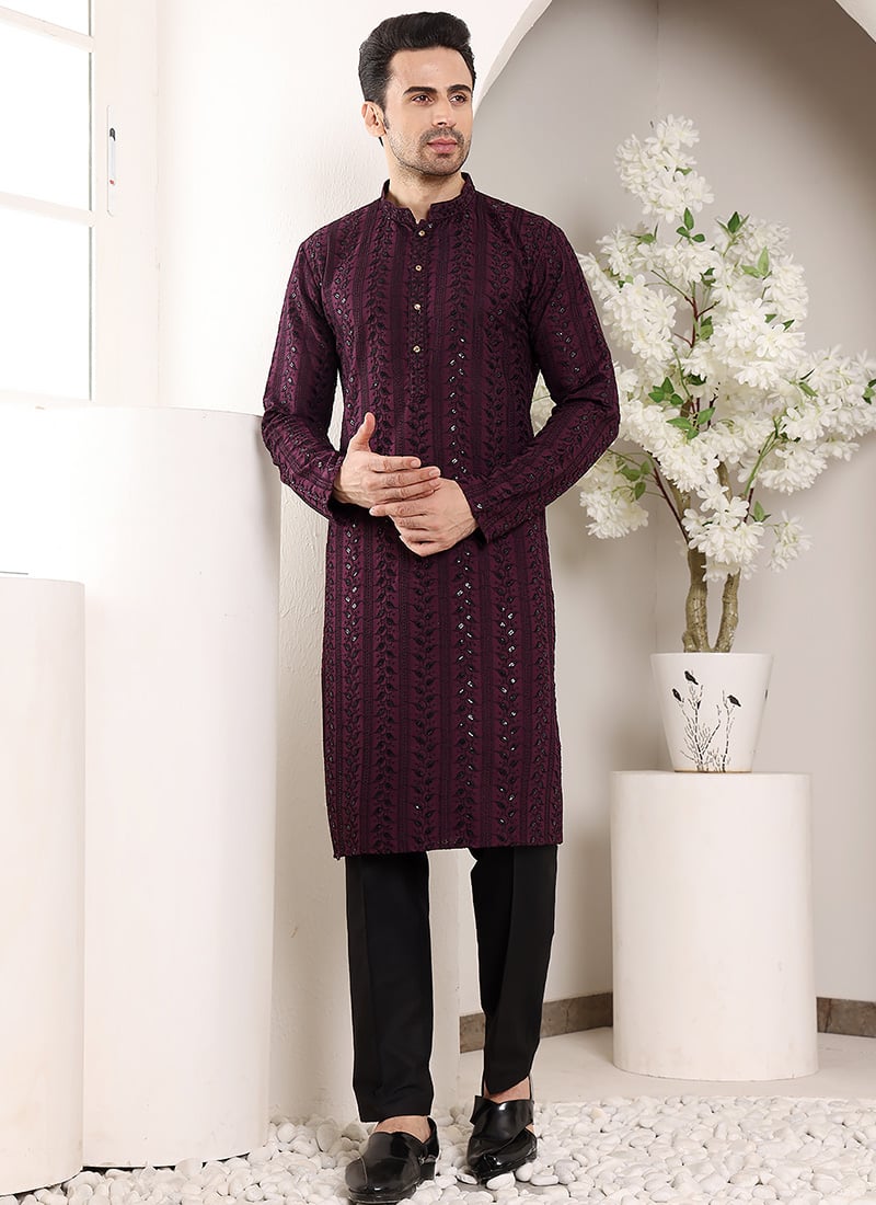 Purple Viscose Silk Embroidered Sequin Kurta For Men