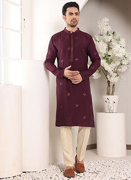 Purple Viscose Silk Embroidered Sequin Kurta For Men