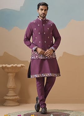 Purple Viscose Silk Embroidered Sequins Bandi Set For Men