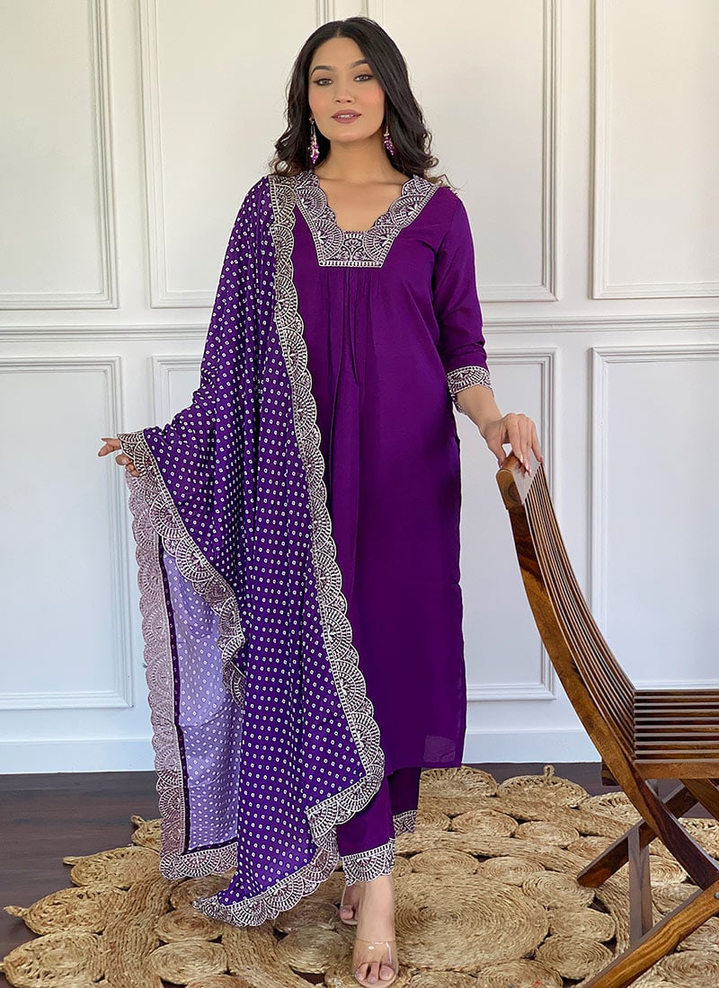 Purple Viscose Silk Embroidered Sequins Beautiful Straight Pant Suit Festive Wear
