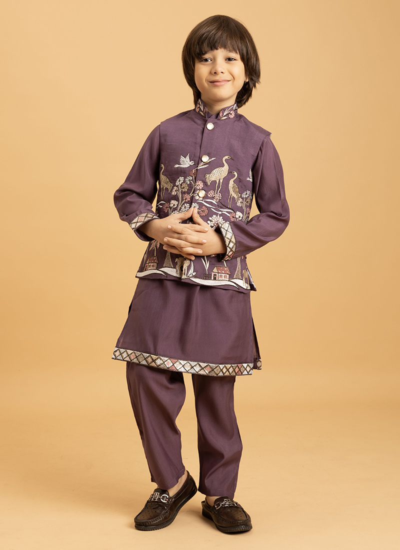 Purple Viscose Silk Embroidered Sequins Kids Boys Bandi Set Festive Wear