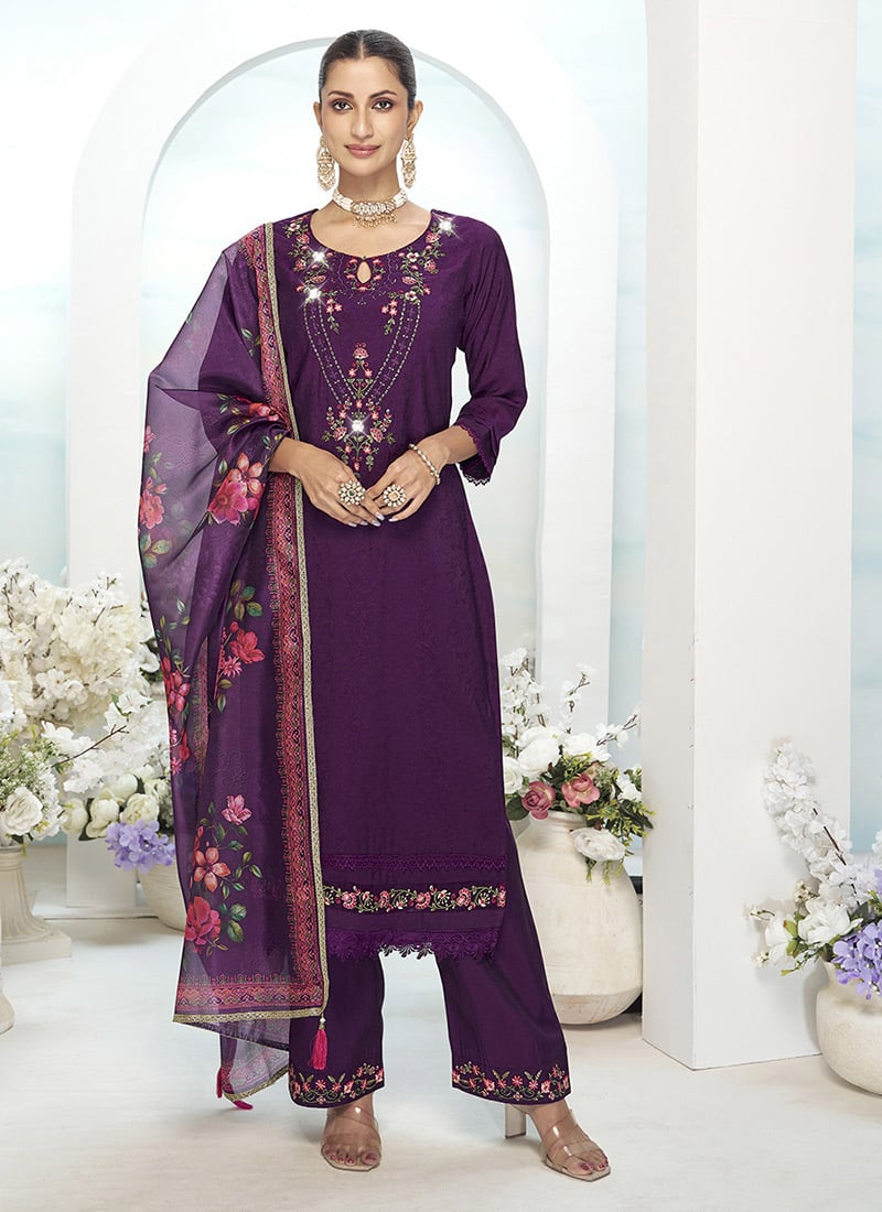 Purple Viscose Silk Embroidered Sequins Straight Pant Suit Festive Wear