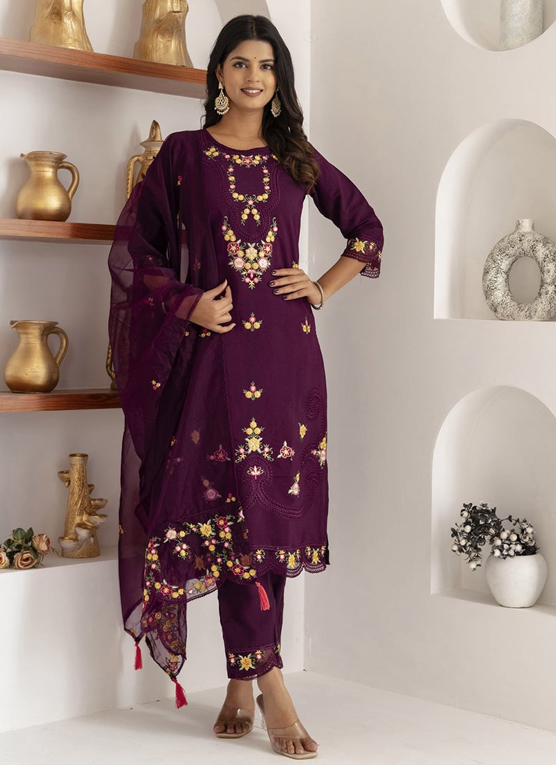 Purple Viscose Silk Embroidered Sequins Straight Pant Suit Festive Wear