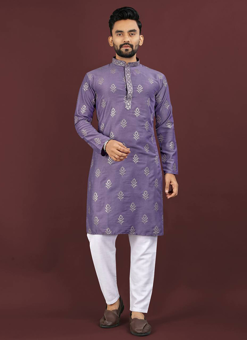Purple Viscose Silk Kurta Pyjama Set With Elegant Embroidery And Sequin Detailing Festive Wear