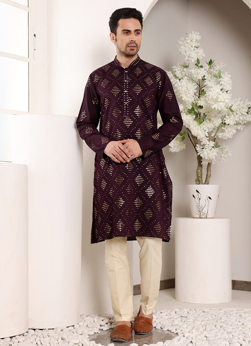 Purple Viscose Silk Sequin Embroidered Kurta Pyjama Festive Wear