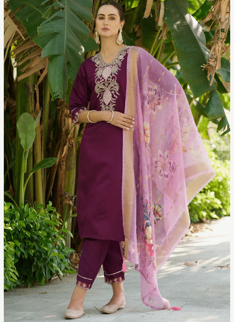 Purple Viscose Straight Pant Suit Embossed With Embroidered And Sequins After Six Wear