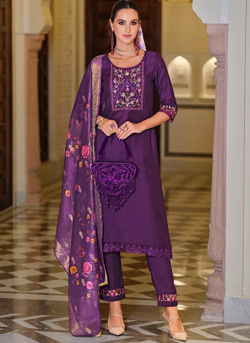 Purple Viscose Straight Pant Suit With Embroidery And Digital Print After Six Wear