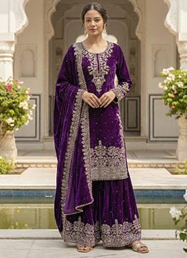 Purple Viscose Velvet Sequins Embroidered Moti Thread Palazzo Suit