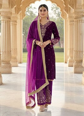 Purple Viscose Velvet Sequins With Moti Work Straight Pant Suit