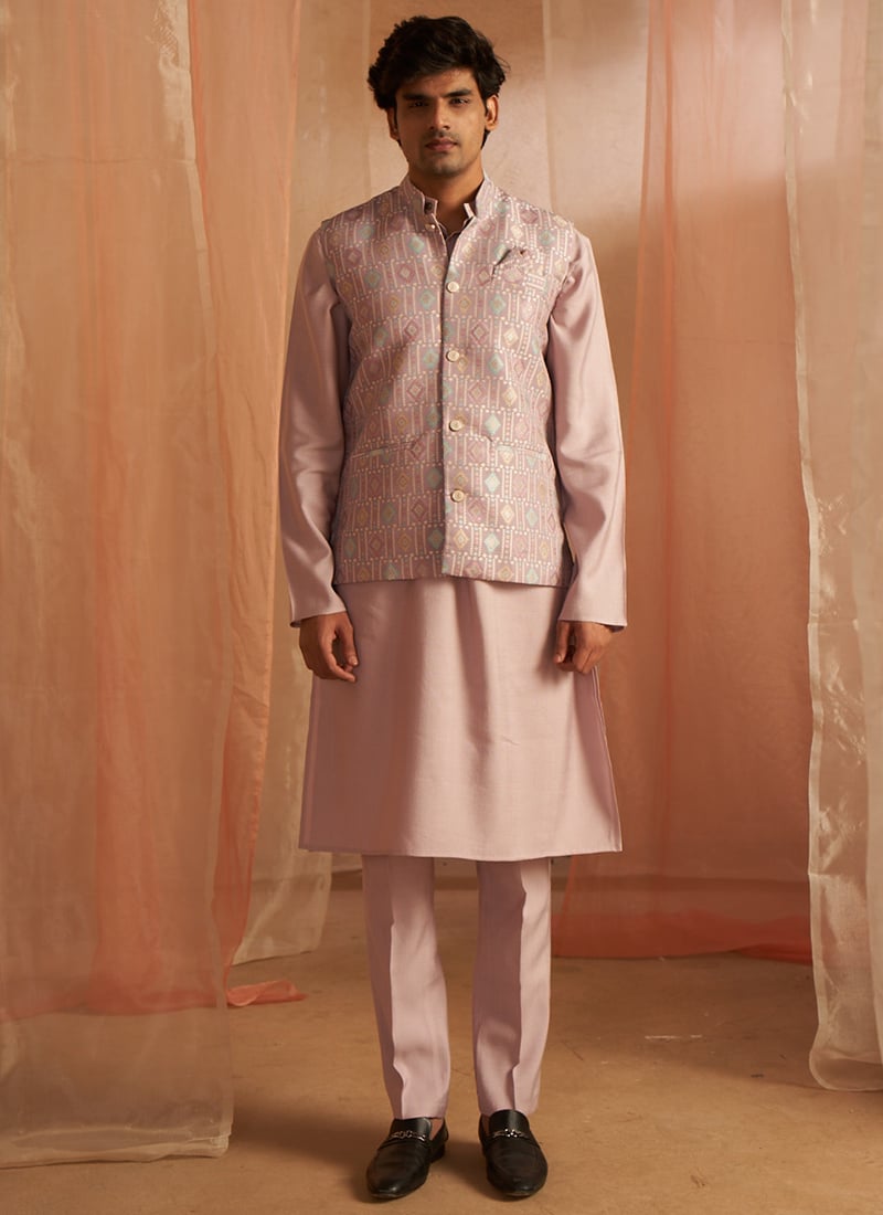 Purple Viscose Zari Work Printed Bandi Set