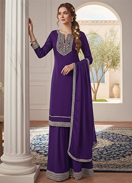 Purple Zari Sequins Chinon Palazzo Suit