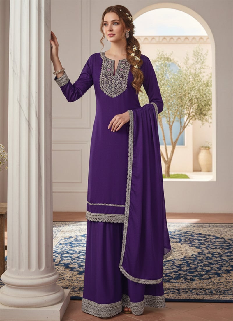 Purple Zari Sequins Chinon Palazzo Suit Festive Wear