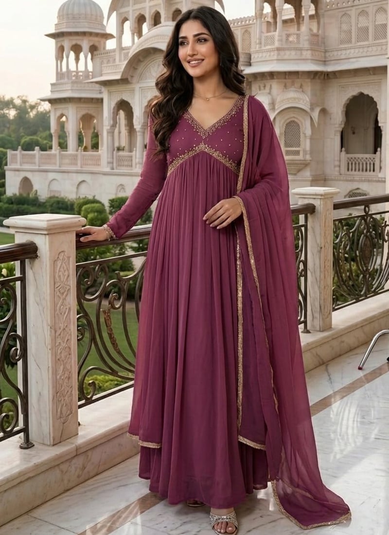 Purple Zari Sequins Georgette Anarkali Suit Wedding Wear