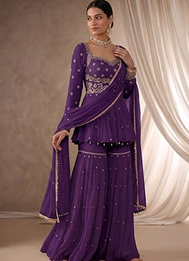 Purple Zari Sequins Georgette Sharara Suit