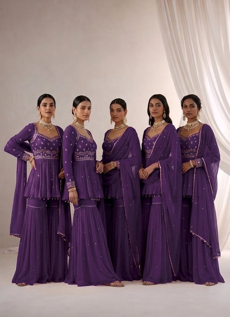 Purple Zari Sequins Georgette Sharara Suit Wedding Wear