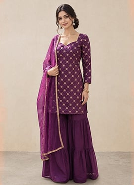Purple Zari Sequins Silk Sharara Suit