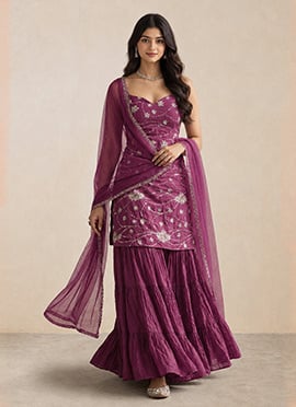 Purple Zari Sequins Silk Sharara Suit
