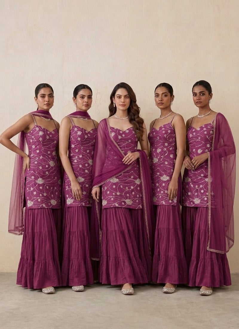 Purple Zari Sequins Silk Sharara Suit Festive Wear