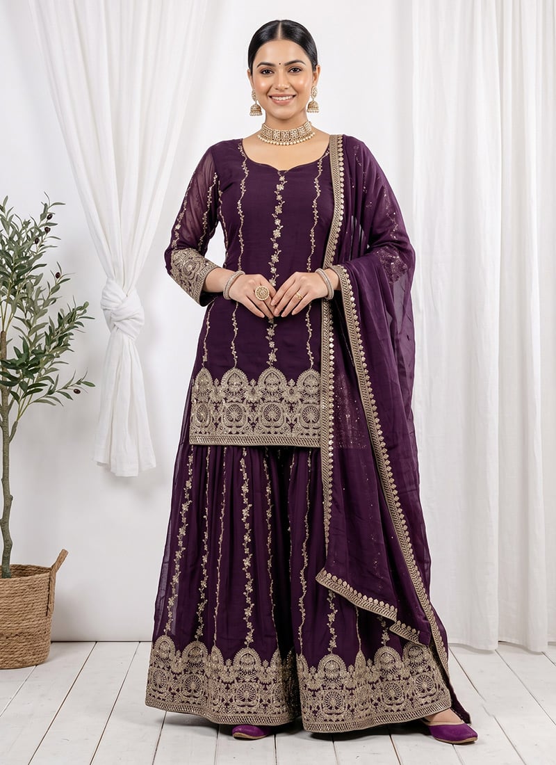 Purple Zari Silk Palazzo Suit Festive Wear
