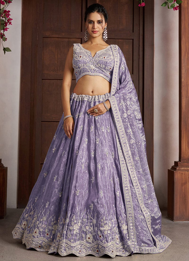 Purple Zari Tissue Bead Embroidered Lehenga Wedding Wear