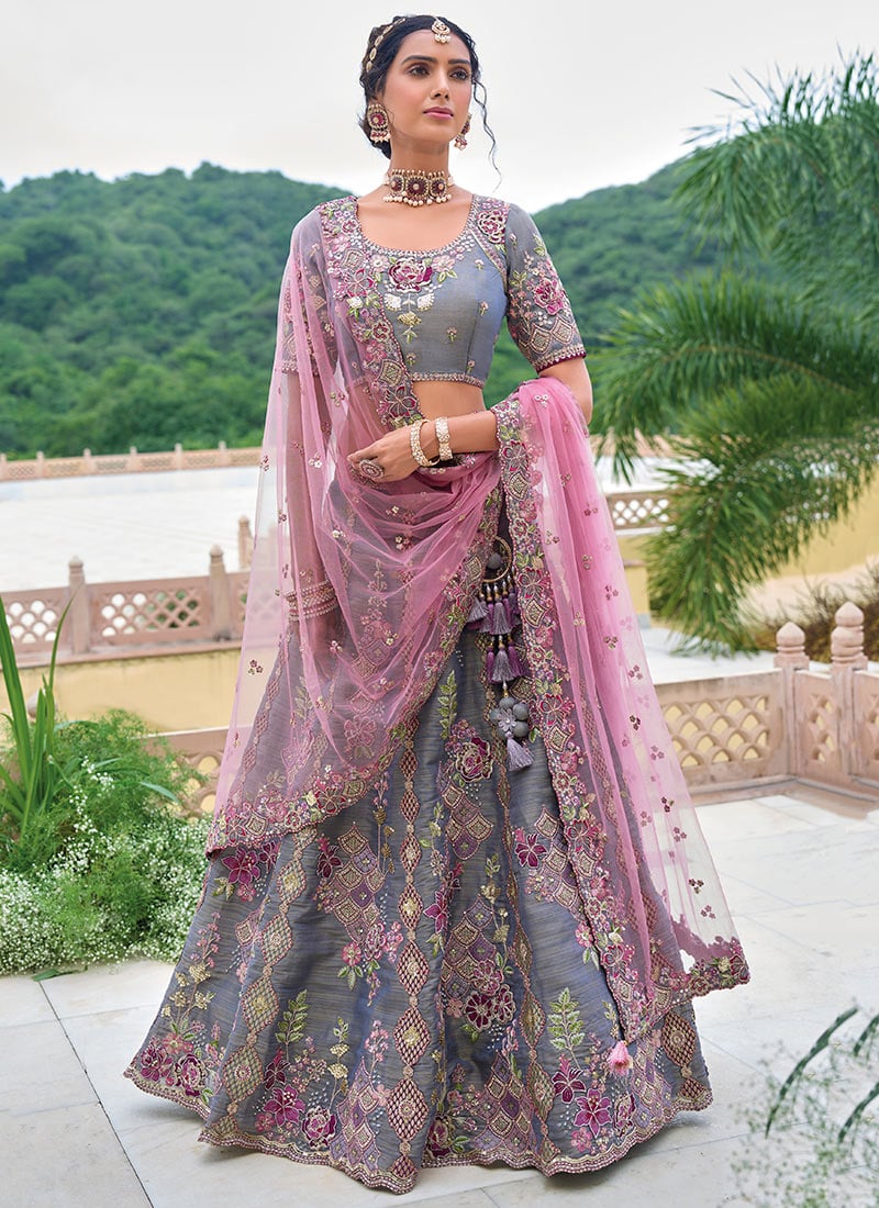 Radiance Redefined Grey Silk Zari Stone Embroidered Sequins Lehenga Wedding Wear-GHSLI25767102