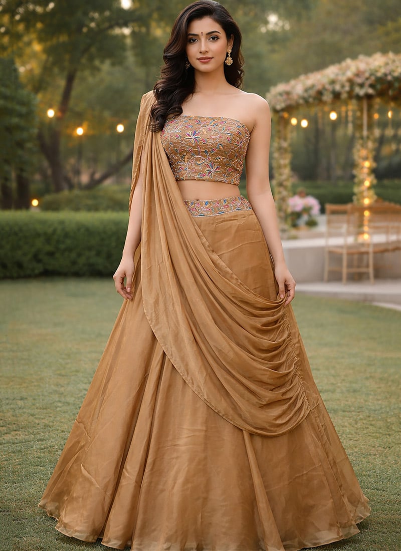 Radiant Beige Rangoli Silk Multicolor Floral Embroidery With Thread Work Umbrella Lehenga After Six Wear
