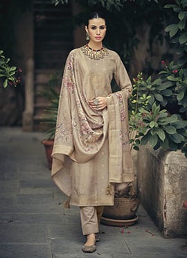 Radiant Beige Silk Cotton Woven Designer Digital Printed Straight Pant Suit