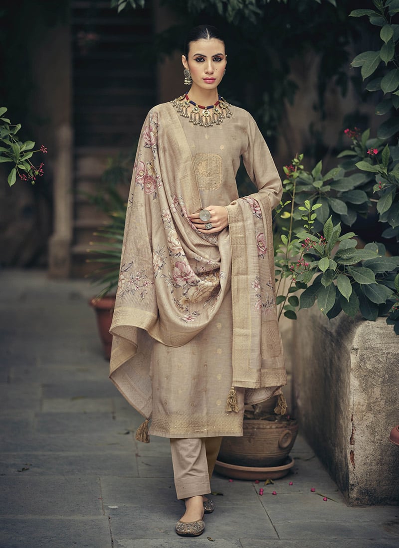 Radiant Beige Silk Cotton Woven Designer Digital Printed Straight Pant Suit After Six Wear