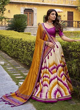Radiant Beige Tussar Silk Tie And Dye Print A Line Lehenga